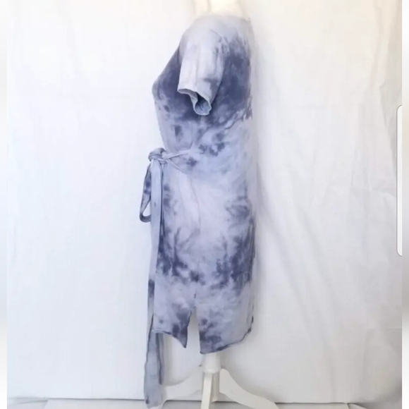 Anthro Lovers + Friends Blue Smoky Tie Dye Mini Dress Small Belted Short Sleeve - Picture 2 of 6